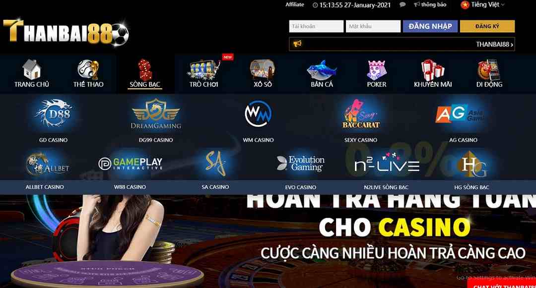 Sòng bài Casino trực tuyến của Thanbai88 được đánh giá cao